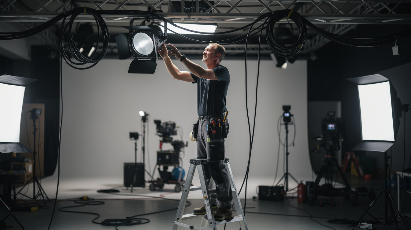 Lighting technician adjusting a studio lighting rig on an overhead truss