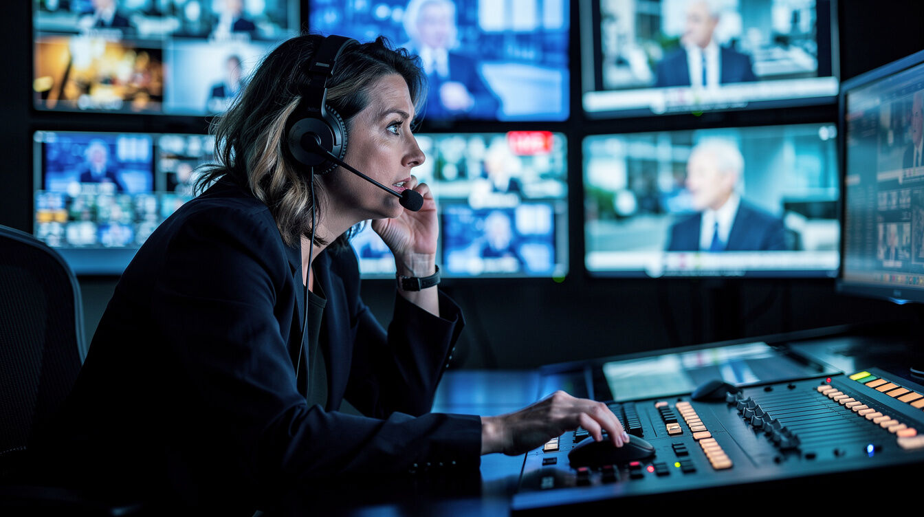 Director speaking into a headset while watching multiple broadcast feeds live