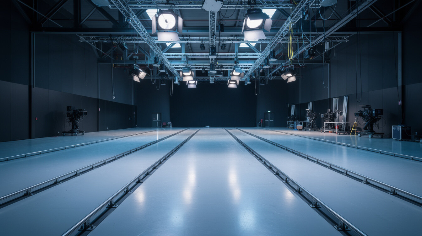 Empty large television soundstage with an overhead lighting grid