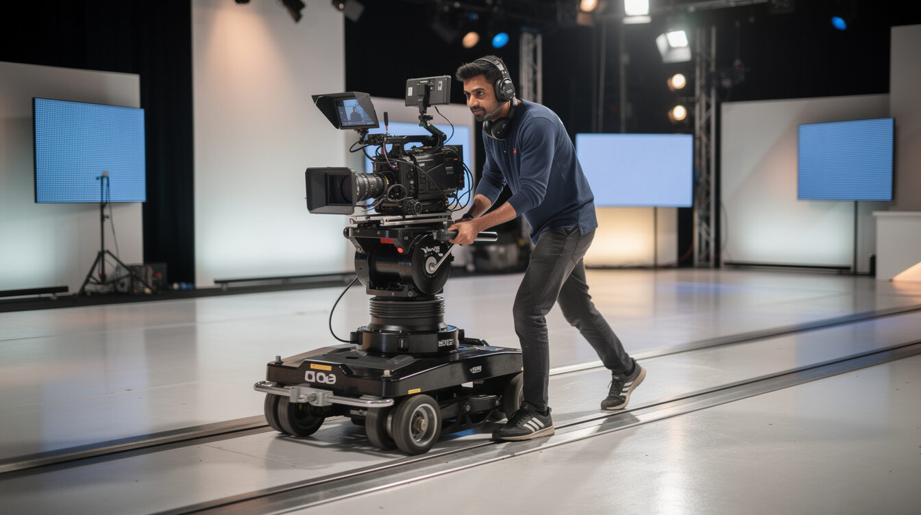 Camera operator panning a robotic camera along a studio track