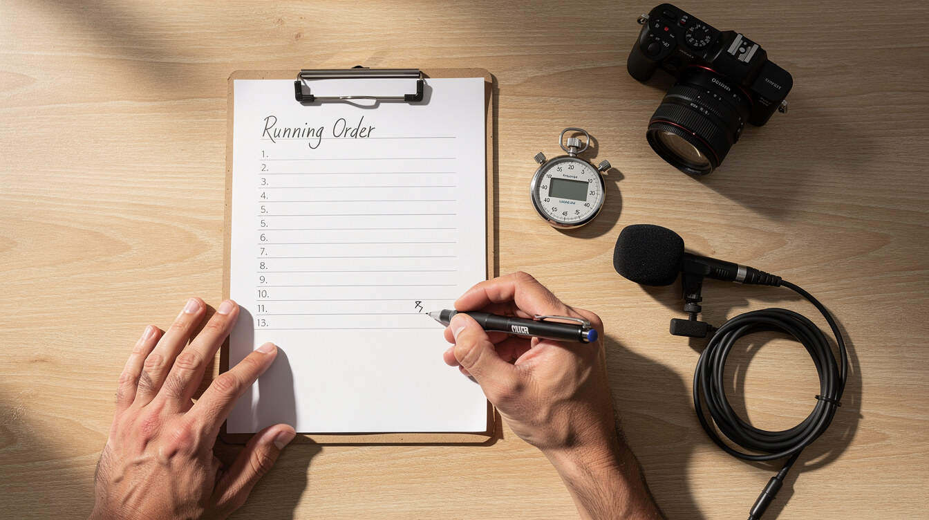 Hands writing a live show running order next to camera equipment on a desk