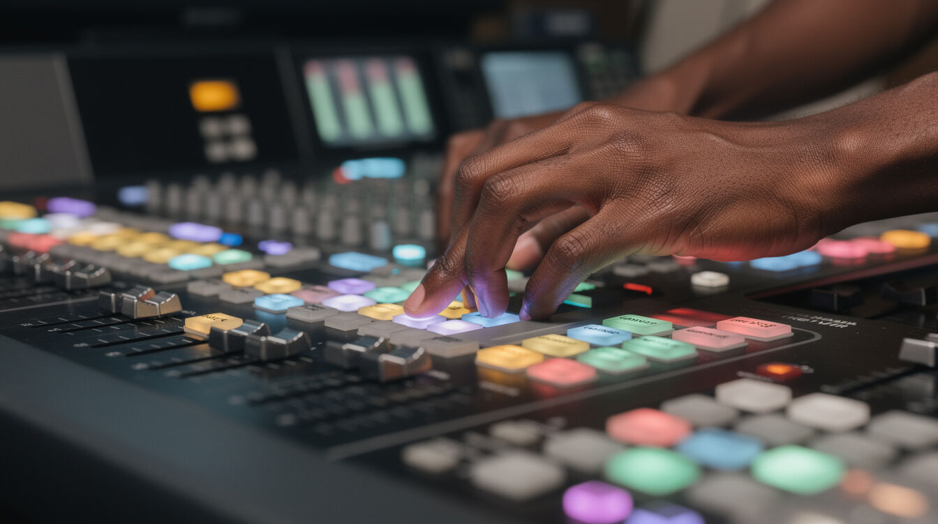 Hands operating a live television vision mixing console
