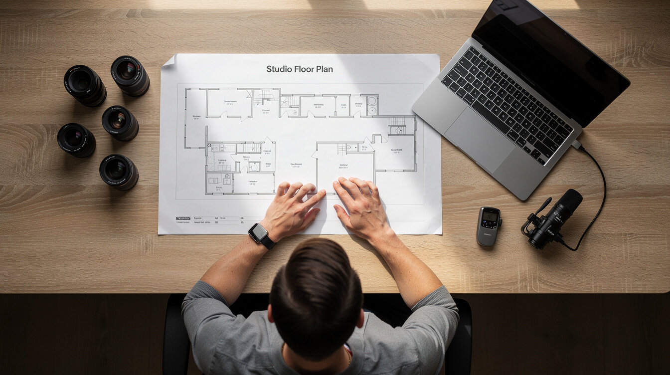 Production planner reviewing a studio floor plan and camera gear on a desk