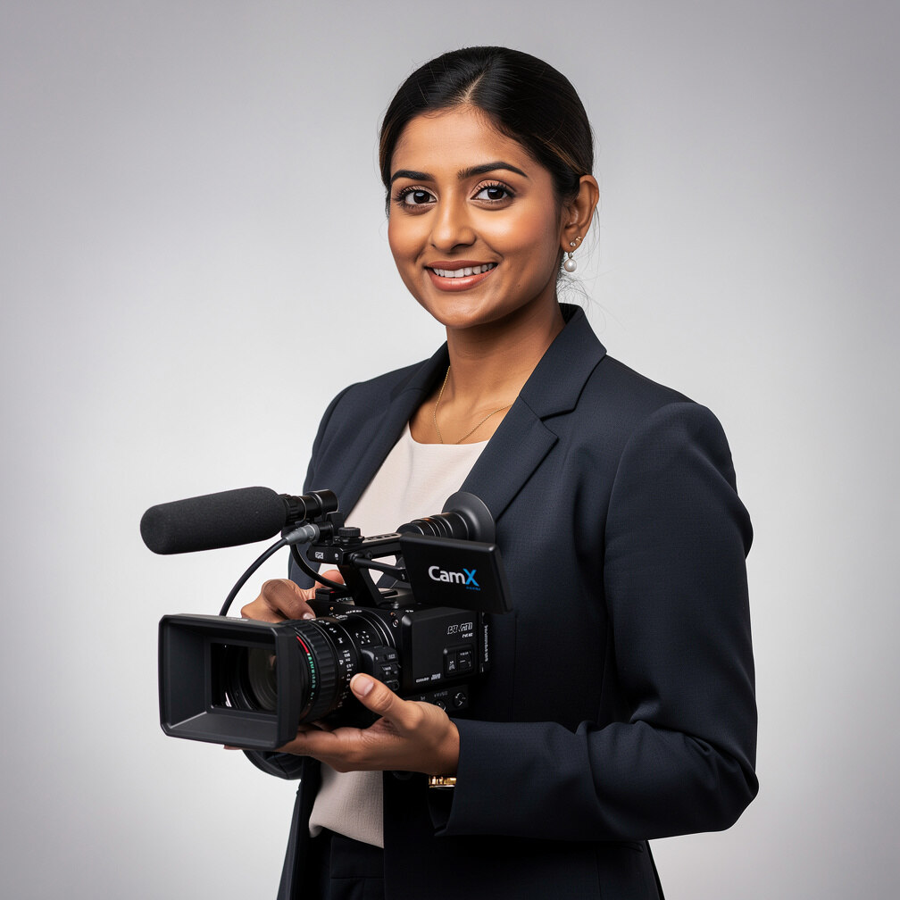 Head of camera operations, a South Asian British woman in her 30s holding a camera