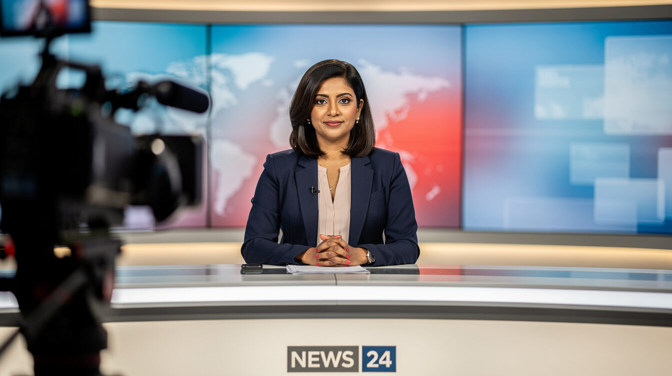 News presenter seated at a desk under studio lighting with a camera in the foreground