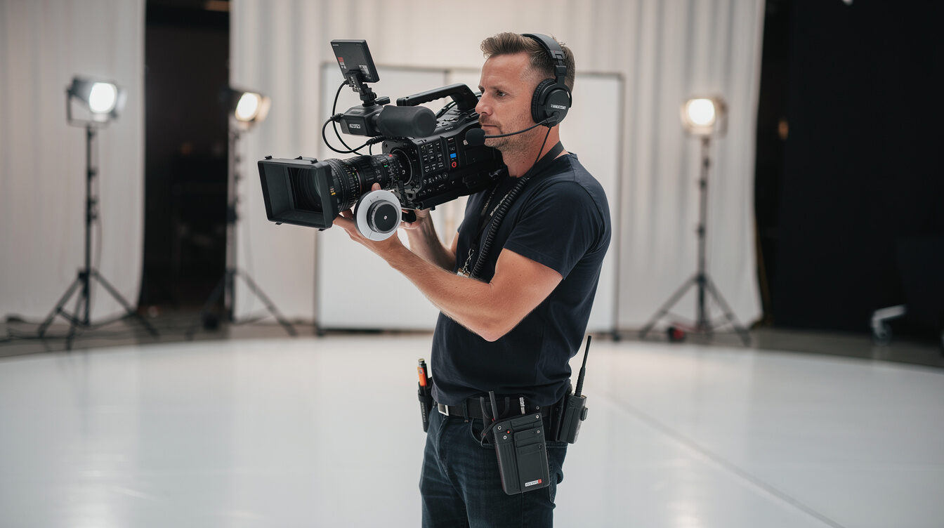 Camera operator filming with a shoulder-mounted broadcast camera in a TV studio