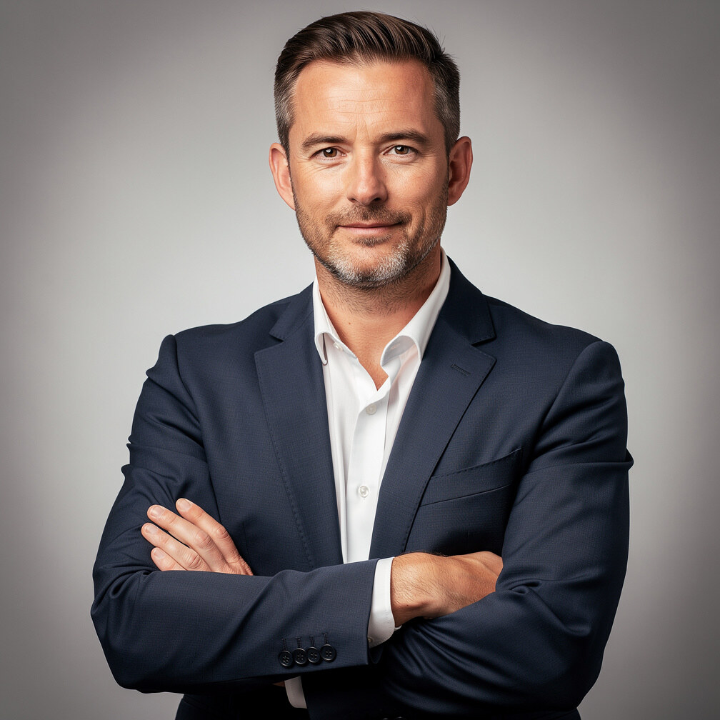 Studio director, a white British man in his 40s, arms crossed in a television studio